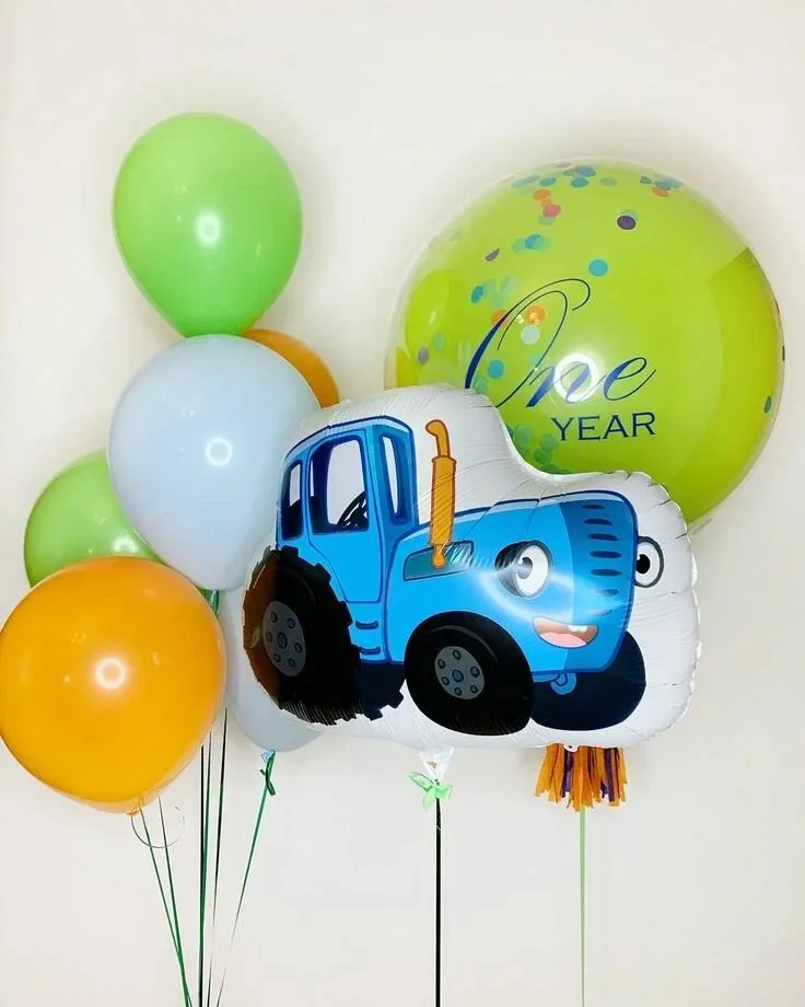 Синий трактор с шаром Happy Birthday